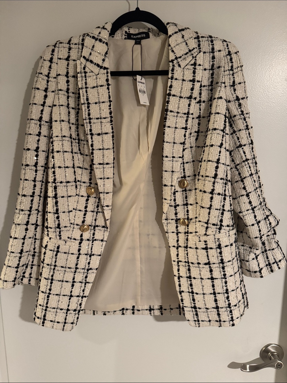 Express Cream and Black Plaid Tweed Double-Breasted Blazer